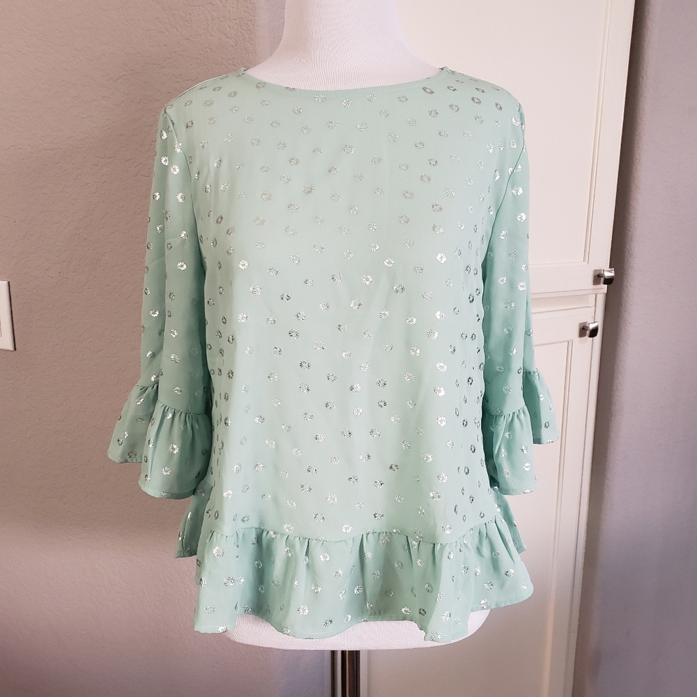 W5 Ruffle Sleeve Mint Green Metallic Silver Blouse Top Women Size Medium